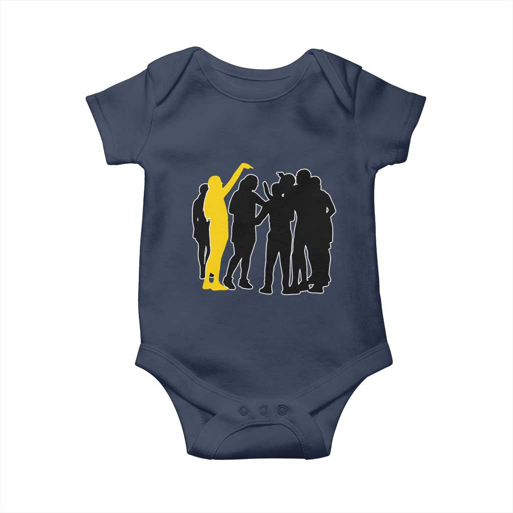 Viral Basketball Pointing Huddle Baby Onesie Funny Women Sports Culture Meme Yellow Silhouette Graphic