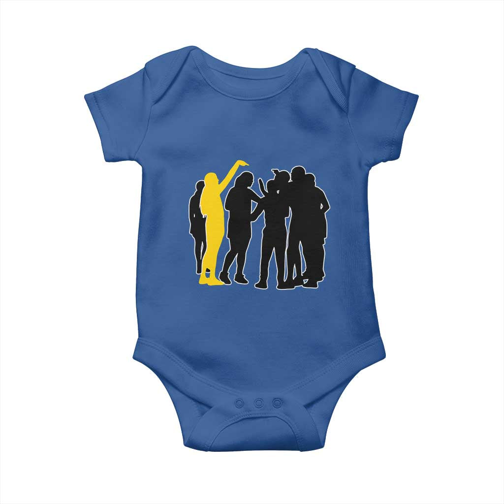 Viral Basketball Pointing Huddle Baby Onesie Funny Women Sports Culture Meme Yellow Silhouette Graphic