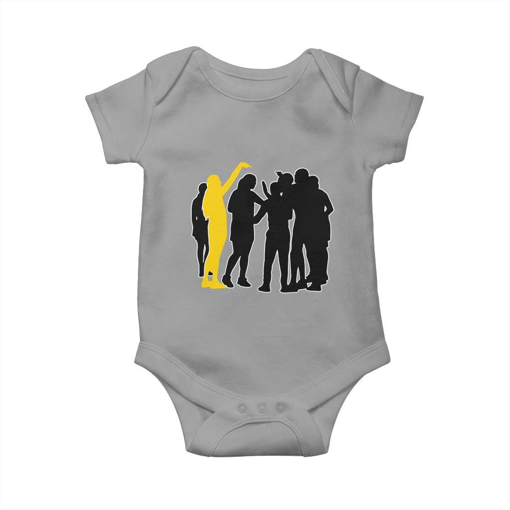 Viral Basketball Pointing Huddle Baby Onesie Funny Women Sports Culture Meme Yellow Silhouette Graphic