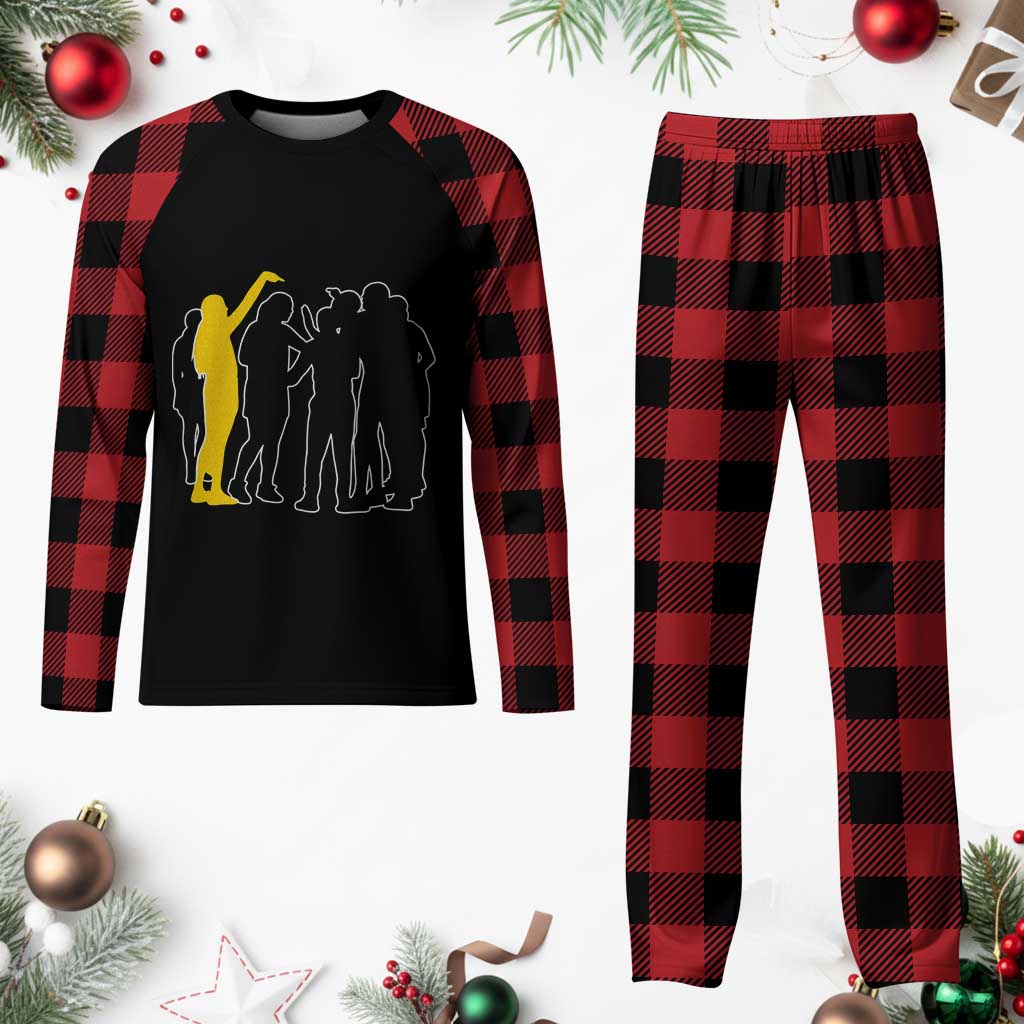 Viral Basketball Pointing Huddle Plaid Pajama Set Funny Women Sports Culture Meme Yellow Silhouette Graphic