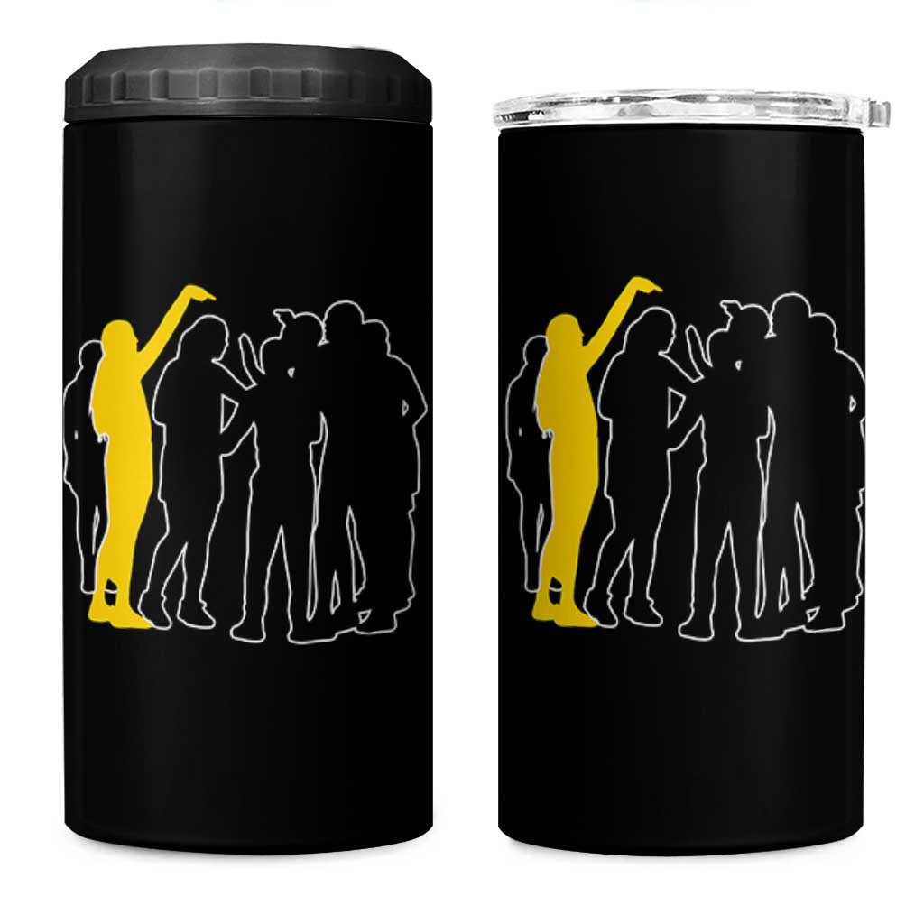 Viral Basketball Pointing Huddle 4 in 1 Can Cooler Tumbler Funny Women Sports Culture Meme Yellow Silhouette Graphic