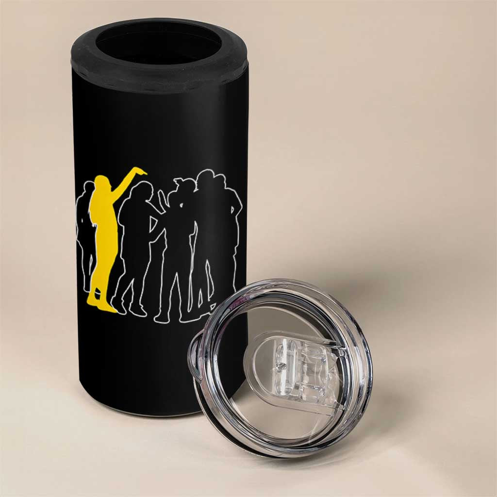 Viral Basketball Pointing Huddle 4 in 1 Can Cooler Tumbler Funny Women Sports Culture Meme Yellow Silhouette Graphic