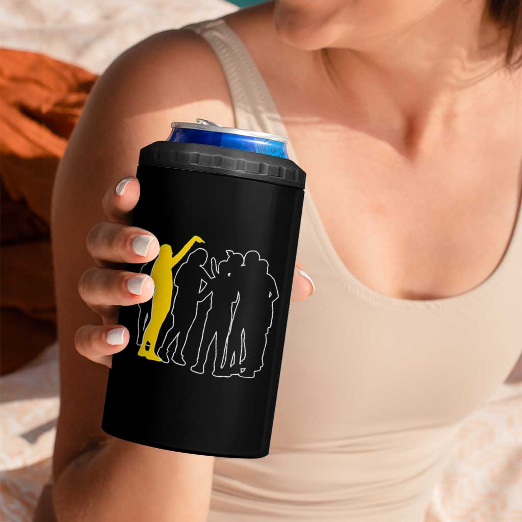 Viral Basketball Pointing Huddle 4 in 1 Can Cooler Tumbler Funny Women Sports Culture Meme Yellow Silhouette Graphic