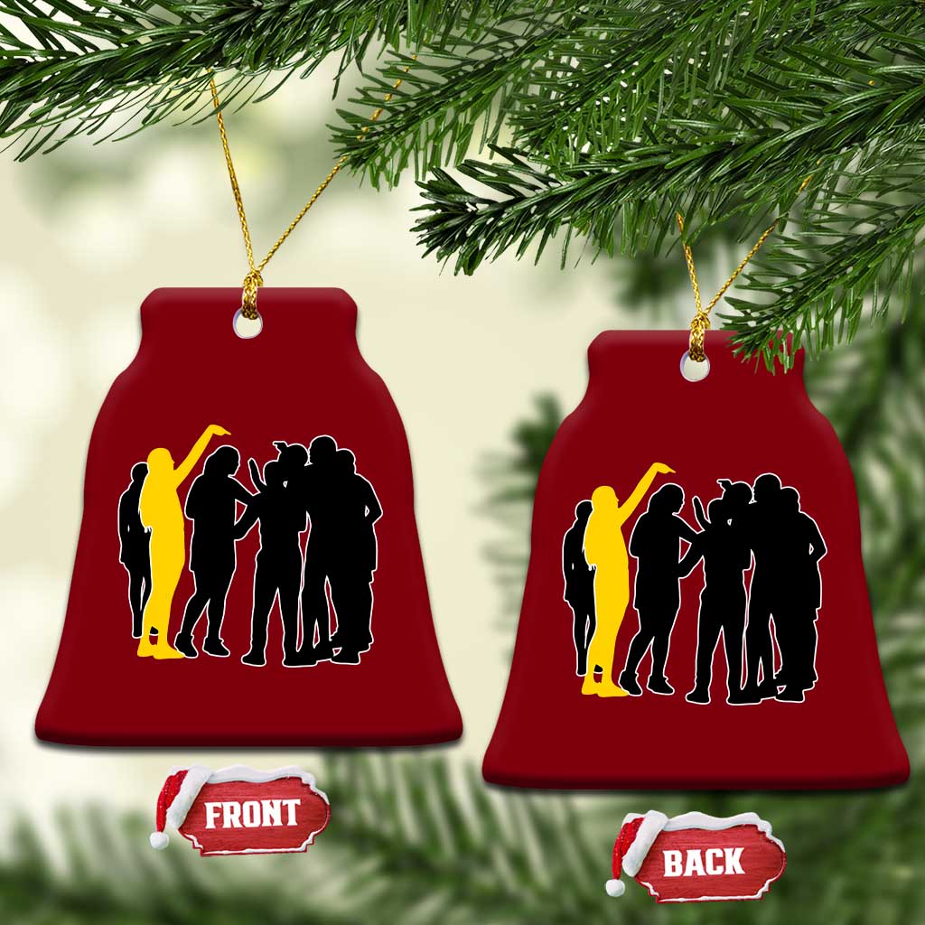 Viral Basketball Pointing Huddle Ceramic Ornament Funny Women Sports Culture Meme Yellow Silhouette Graphic