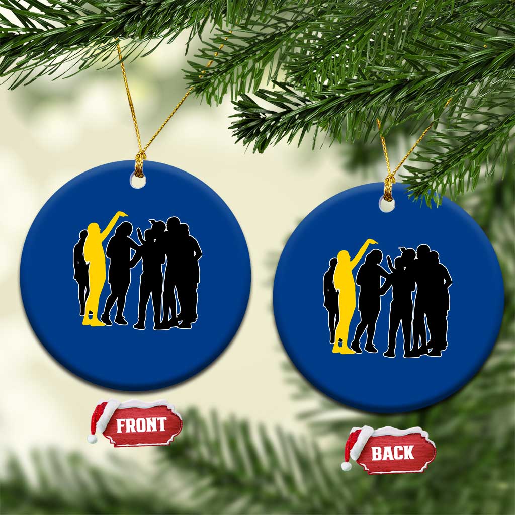Viral Basketball Pointing Huddle Ceramic Ornament Funny Women Sports Culture Meme Yellow Silhouette Graphic
