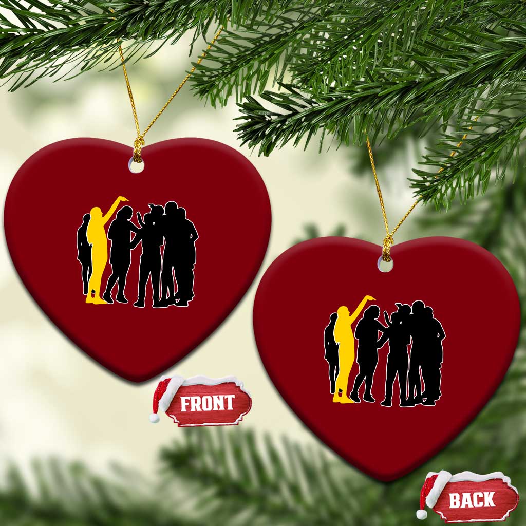 Viral Basketball Pointing Huddle Ceramic Ornament Funny Women Sports Culture Meme Yellow Silhouette Graphic