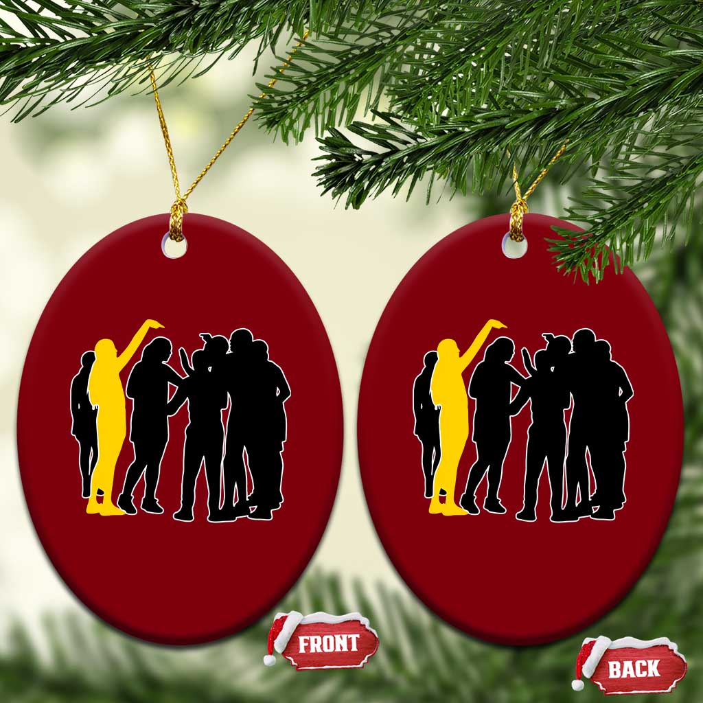 Viral Basketball Pointing Huddle Ceramic Ornament Funny Women Sports Culture Meme Yellow Silhouette Graphic