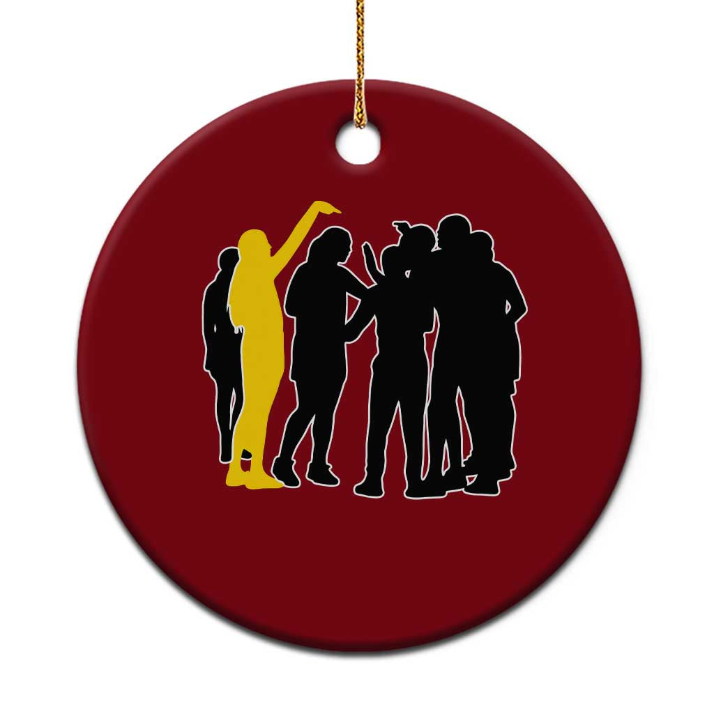 Viral Basketball Pointing Huddle Ceramic Ornament Funny Women Sports Culture Meme Yellow Silhouette Graphic
