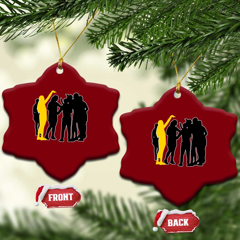 Viral Basketball Pointing Huddle Ceramic Ornament Funny Women Sports Culture Meme Yellow Silhouette Graphic