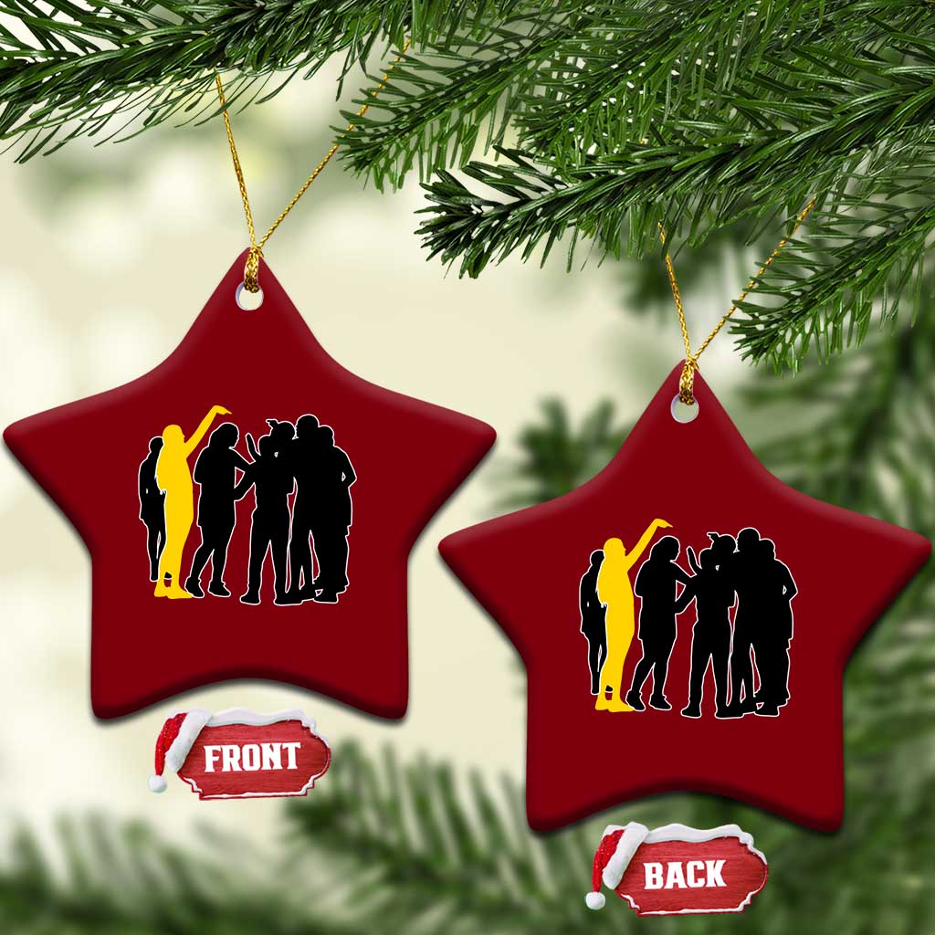 Viral Basketball Pointing Huddle Ceramic Ornament Funny Women Sports Culture Meme Yellow Silhouette Graphic