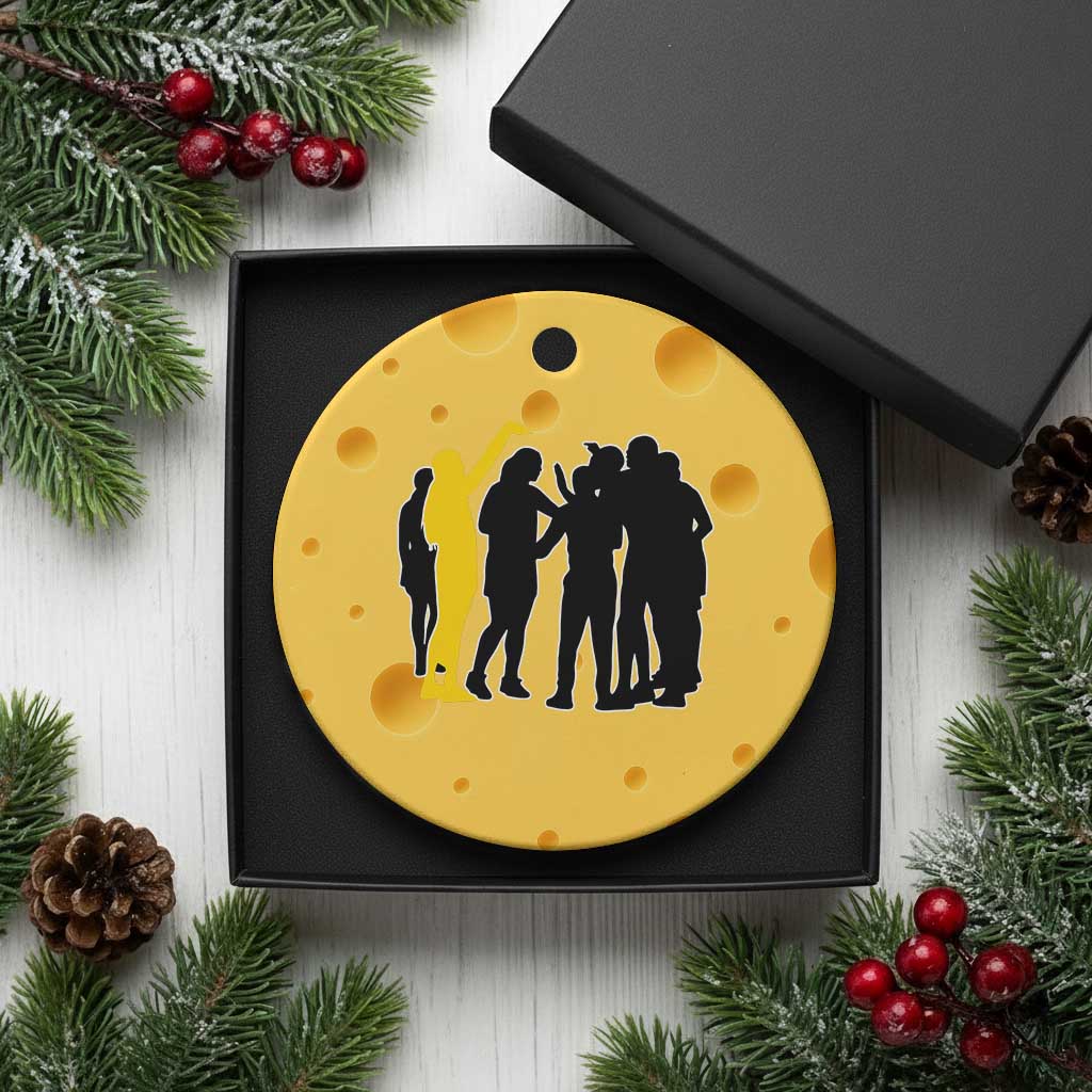 Viral Basketball Pointing Huddle Ceramic Ornament Funny Women Sports Culture Meme Yellow Silhouette Graphic