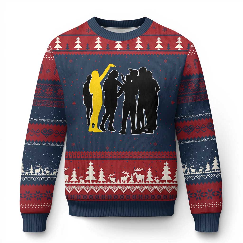 Viral Basketball Pointing Huddle Ugly Christmas Sweater Funny Women Sports Culture Meme Yellow Silhouette Graphic