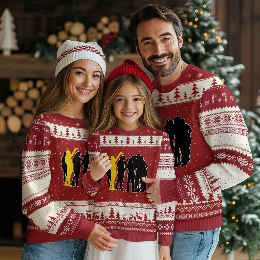 Viral Basketball Pointing Huddle Ugly Christmas Sweater Funny Women Sports Culture Meme Yellow Silhouette Graphic