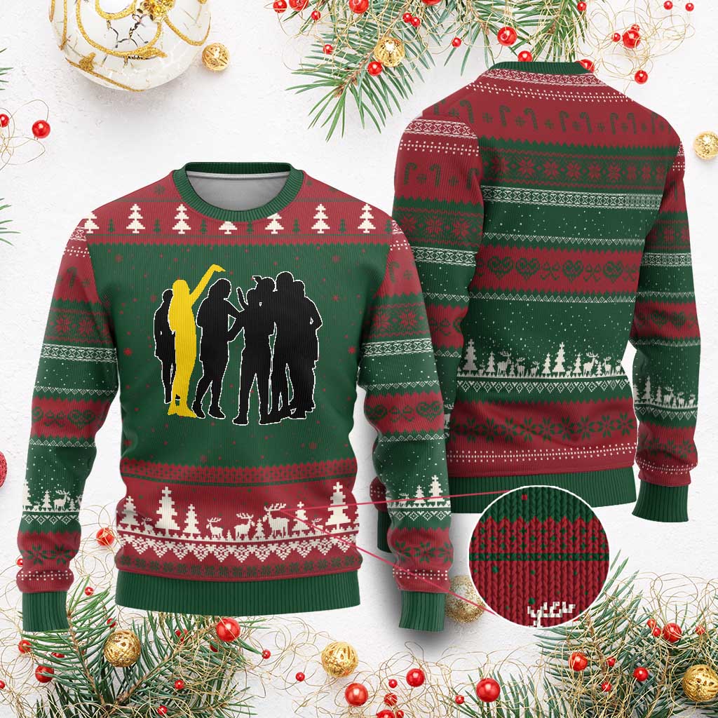 Viral Basketball Pointing Huddle Ugly Christmas Sweater Funny Women Sports Culture Meme Yellow Silhouette Graphic