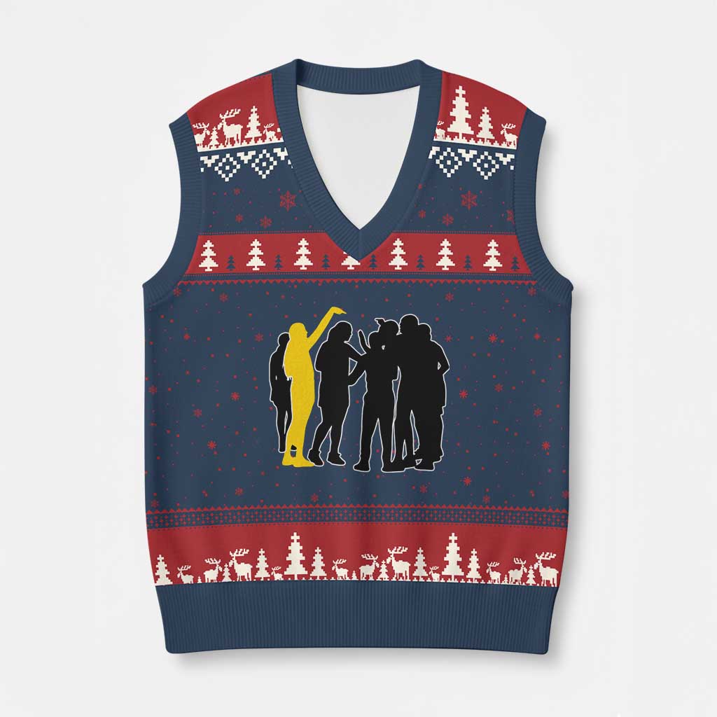 Viral Basketball Pointing Huddle V-Neck Knit Sweater Vest Funny Women Sports Culture Meme Yellow Silhouette Graphic