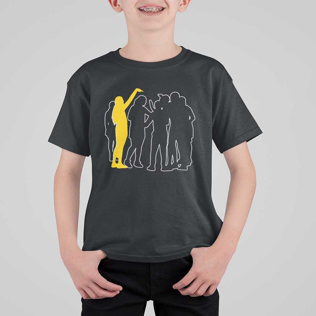 Viral Basketball Pointing Huddle T Shirt For Kid Funny Women Sports Culture Meme Yellow Silhouette Graphic