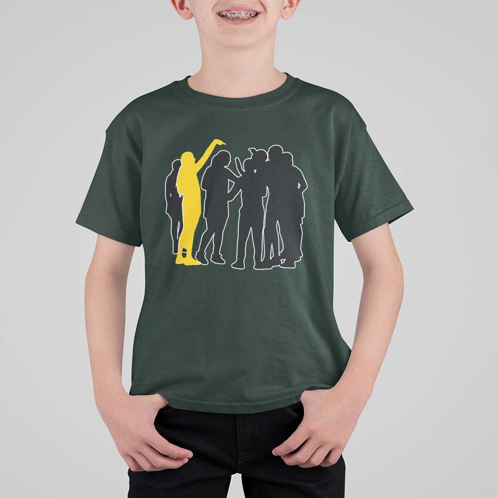 Viral Basketball Pointing Huddle T Shirt For Kid Funny Women Sports Culture Meme Yellow Silhouette Graphic