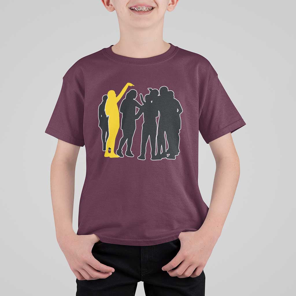 Viral Basketball Pointing Huddle T Shirt For Kid Funny Women Sports Culture Meme Yellow Silhouette Graphic