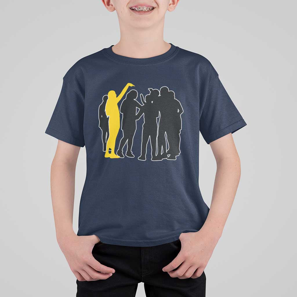 Viral Basketball Pointing Huddle T Shirt For Kid Funny Women Sports Culture Meme Yellow Silhouette Graphic