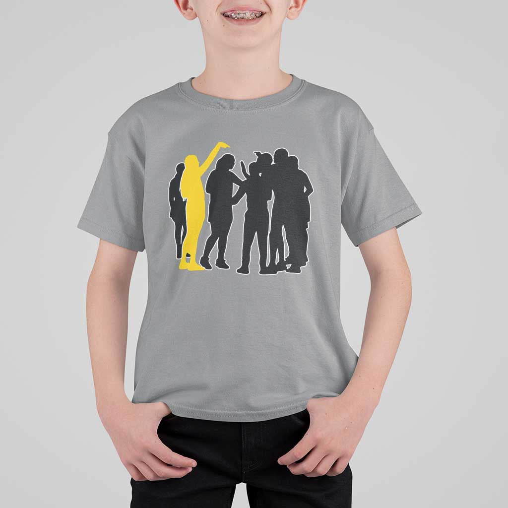Viral Basketball Pointing Huddle T Shirt For Kid Funny Women Sports Culture Meme Yellow Silhouette Graphic