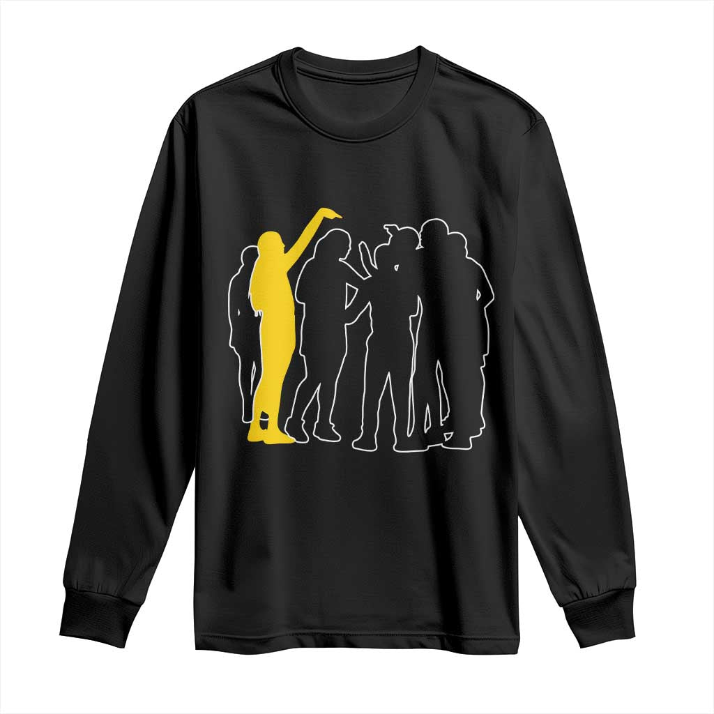 Viral Basketball Pointing Huddle Long Sleeve Shirt Funny Women Sports Culture Meme Yellow Silhouette Graphic