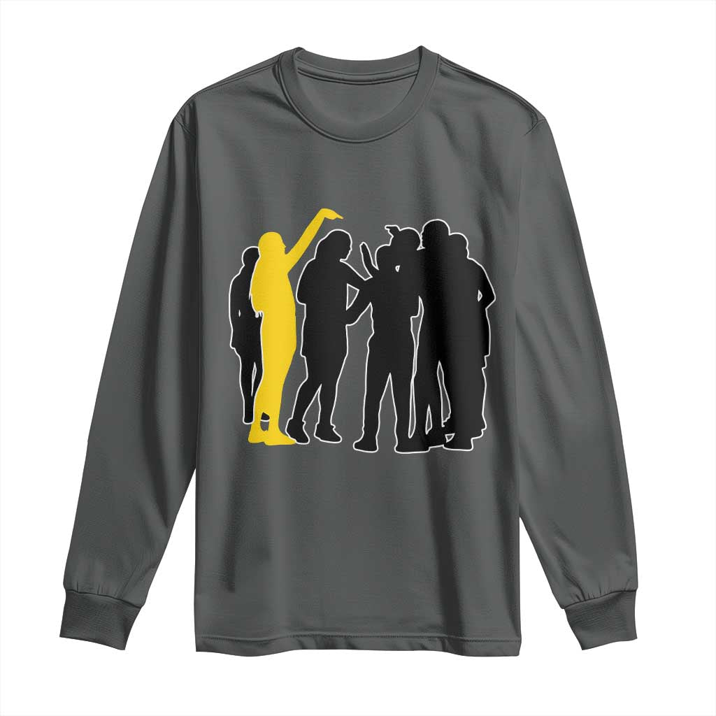 Viral Basketball Pointing Huddle Long Sleeve Shirt Funny Women Sports Culture Meme Yellow Silhouette Graphic