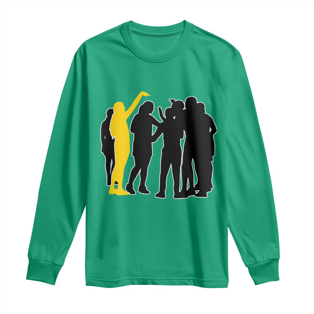 Viral Basketball Pointing Huddle Long Sleeve Shirt Funny Women Sports Culture Meme Yellow Silhouette Graphic