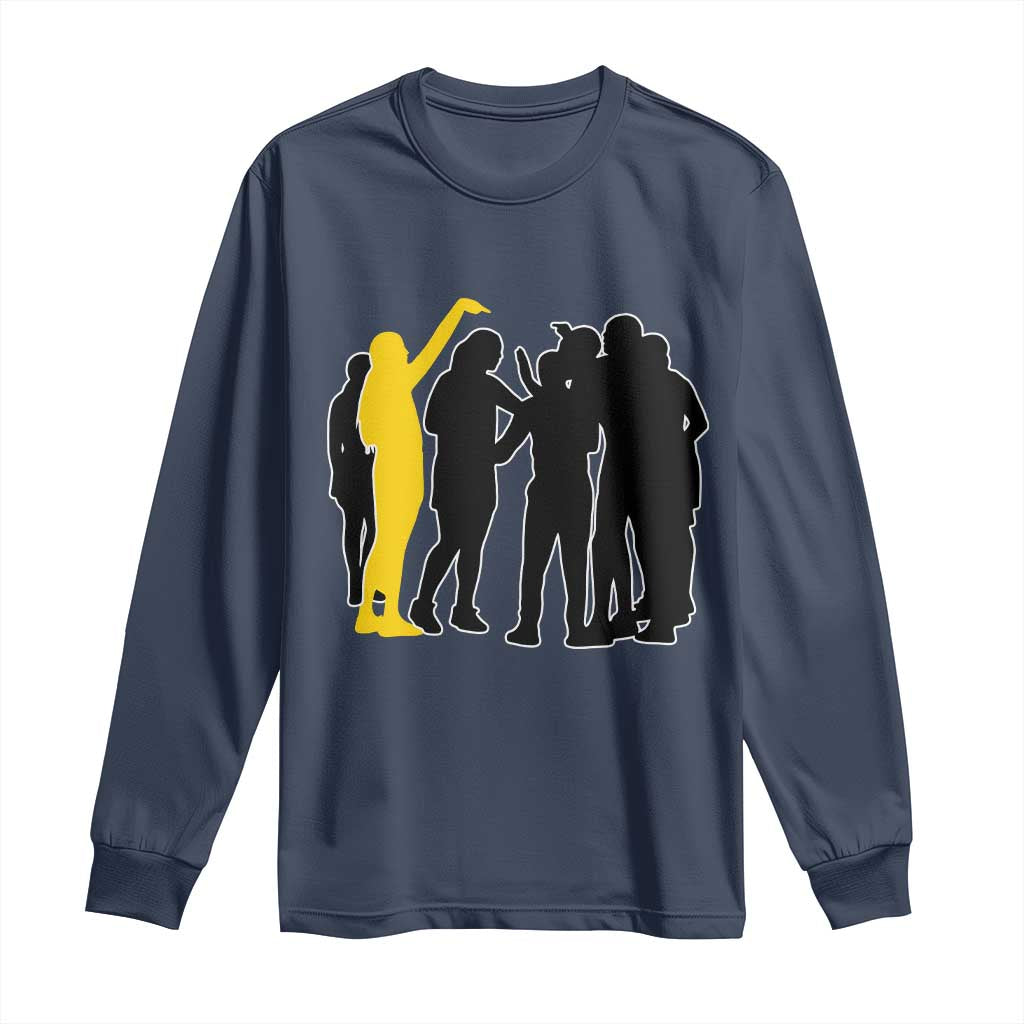 Viral Basketball Pointing Huddle Long Sleeve Shirt Funny Women Sports Culture Meme Yellow Silhouette Graphic