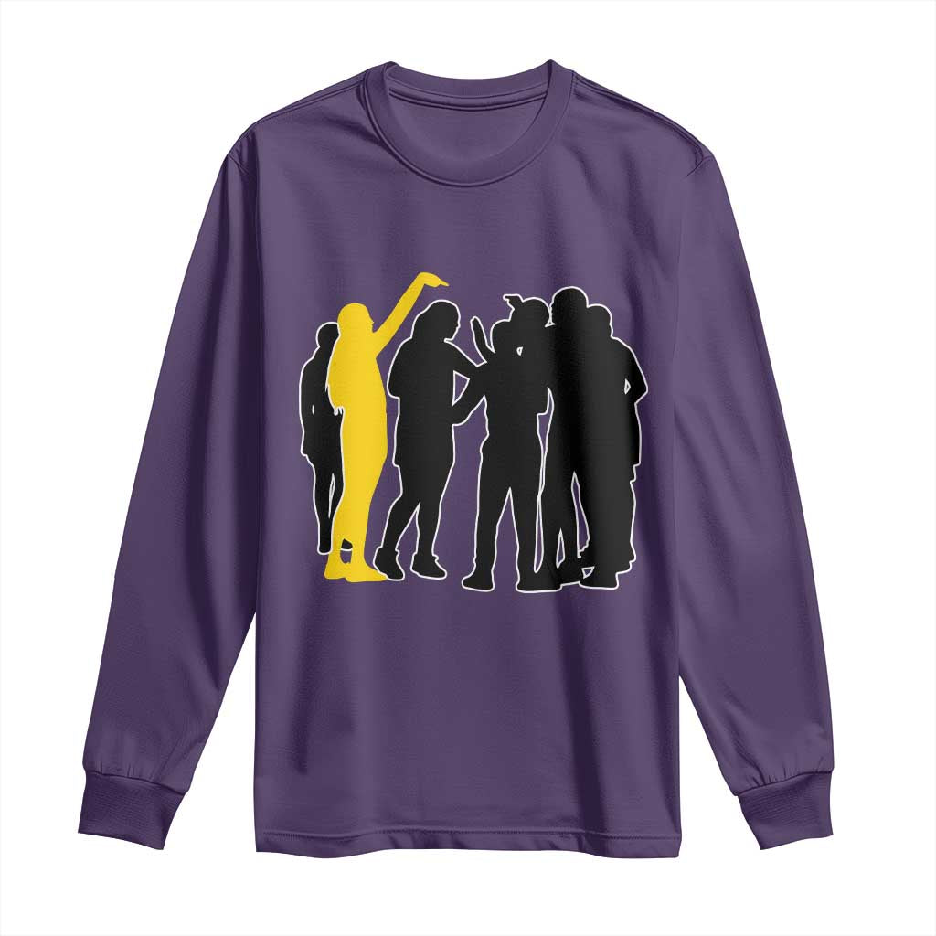 Viral Basketball Pointing Huddle Long Sleeve Shirt Funny Women Sports Culture Meme Yellow Silhouette Graphic