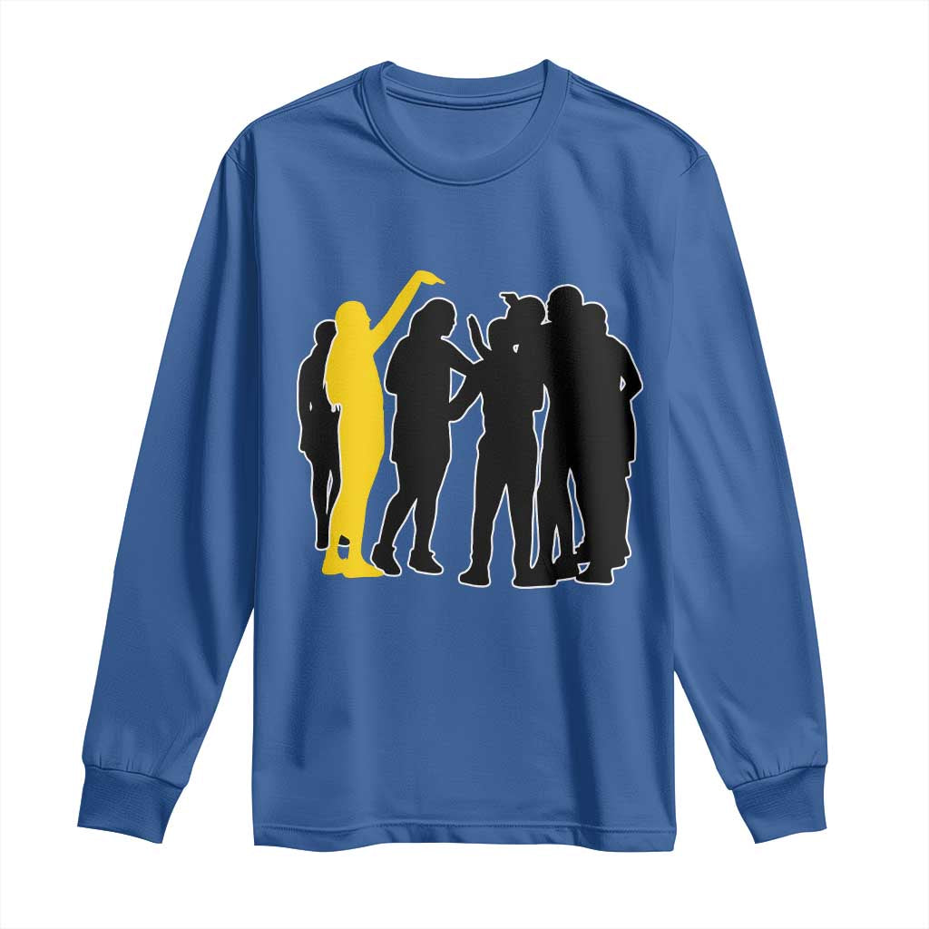 Viral Basketball Pointing Huddle Long Sleeve Shirt Funny Women Sports Culture Meme Yellow Silhouette Graphic