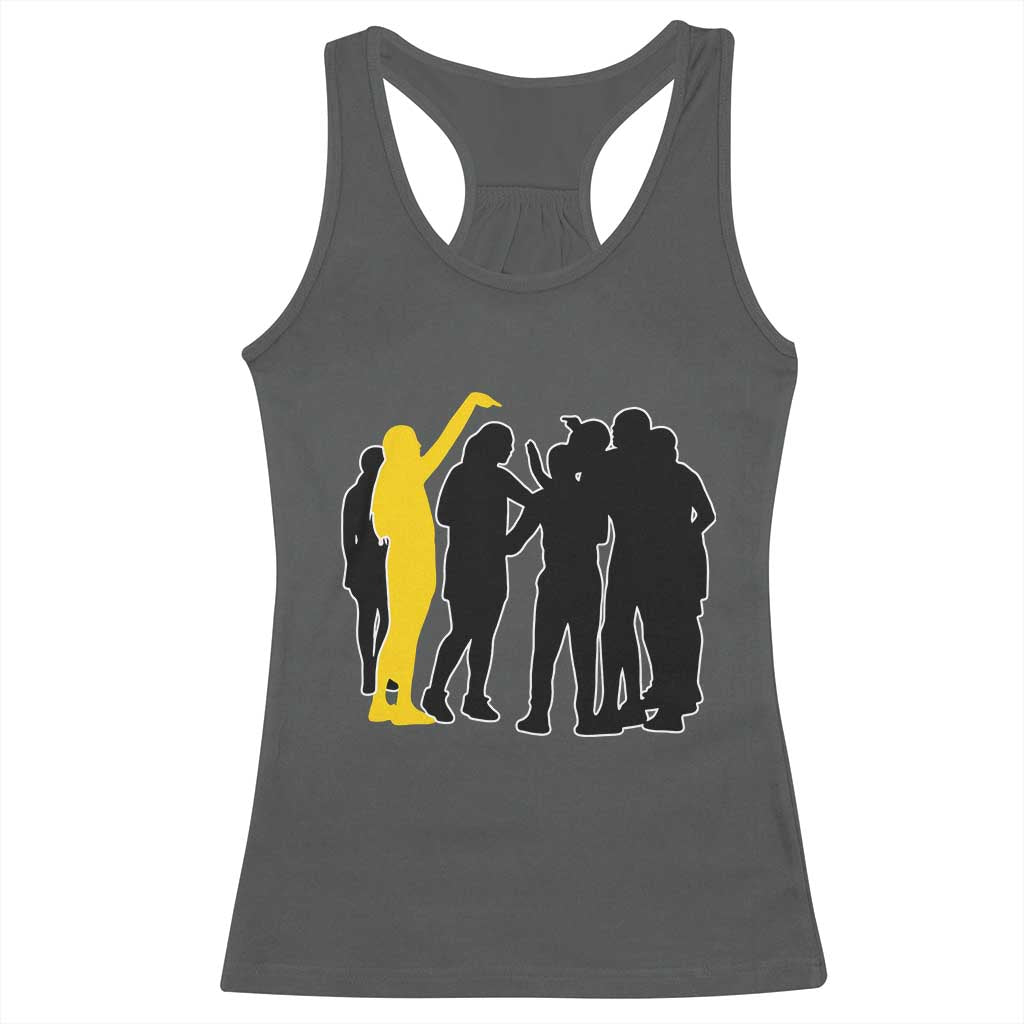 Viral Basketball Pointing Huddle Racerback Tank Top Funny Women Sports Culture Meme Yellow Silhouette Graphic