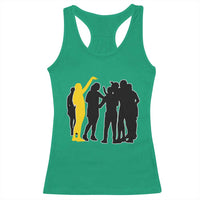 Viral Basketball Pointing Huddle Racerback Tank Top Funny Women Sports Culture Meme Yellow Silhouette Graphic