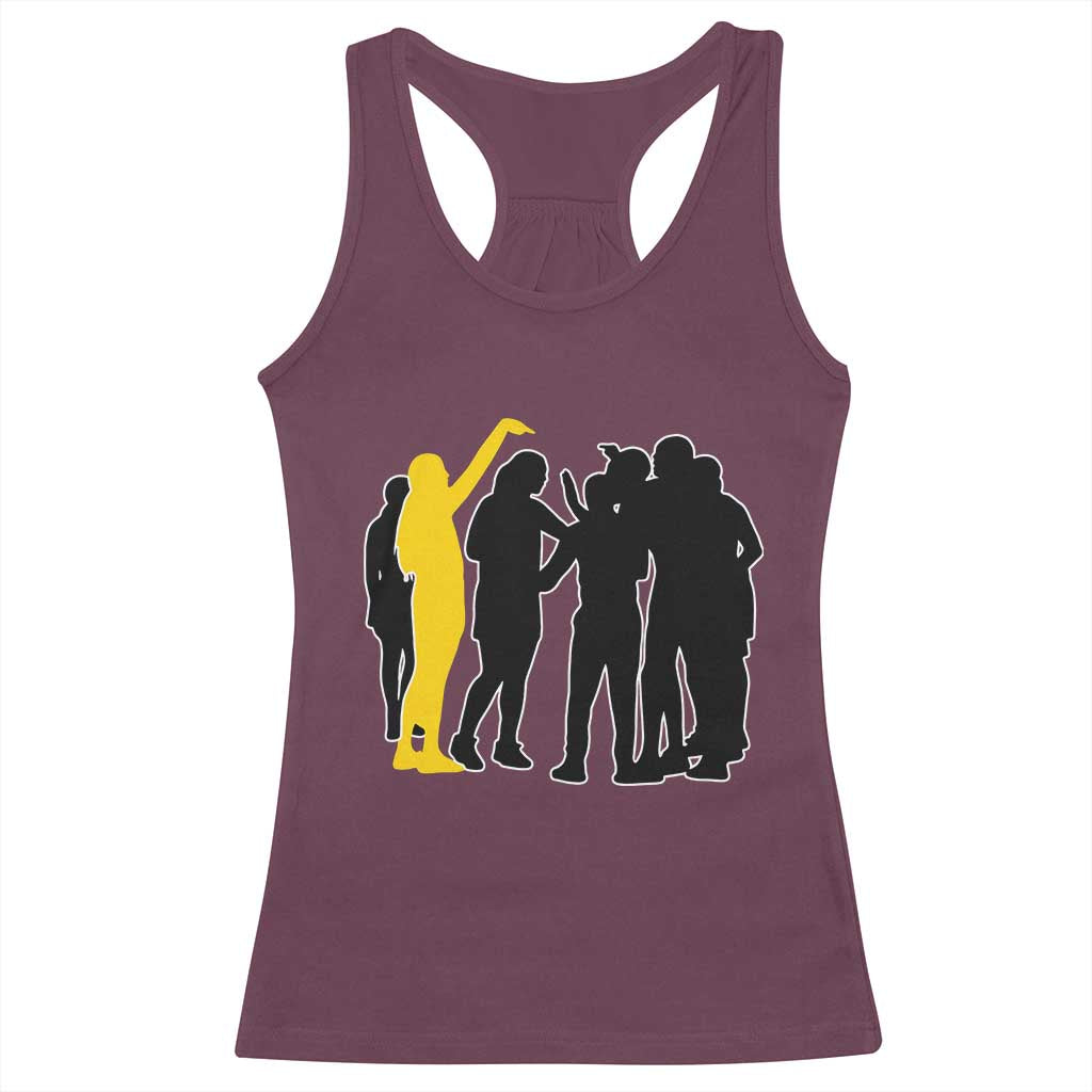 Viral Basketball Pointing Huddle Racerback Tank Top Funny Women Sports Culture Meme Yellow Silhouette Graphic