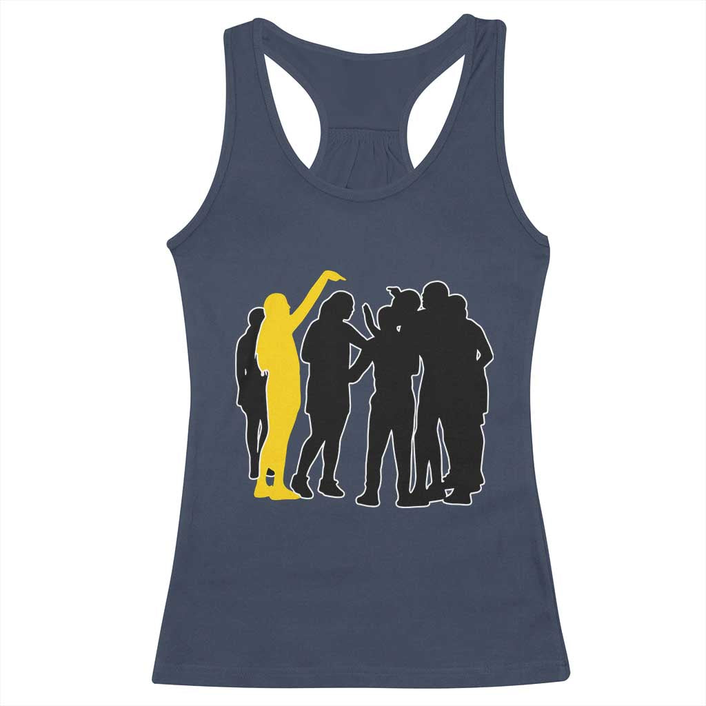 Viral Basketball Pointing Huddle Racerback Tank Top Funny Women Sports Culture Meme Yellow Silhouette Graphic