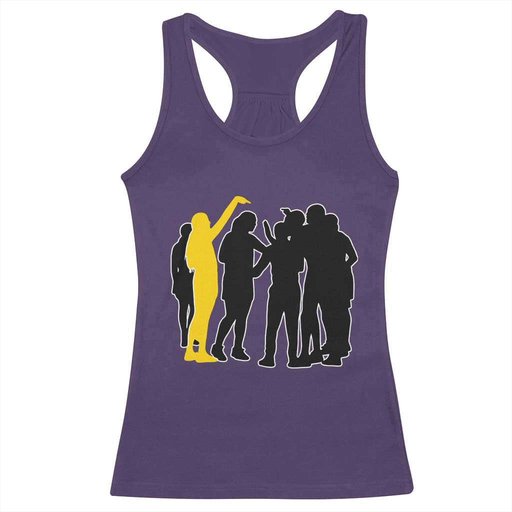 Viral Basketball Pointing Huddle Racerback Tank Top Funny Women Sports Culture Meme Yellow Silhouette Graphic