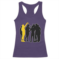 Viral Basketball Pointing Huddle Racerback Tank Top Funny Women Sports Culture Meme Yellow Silhouette Graphic