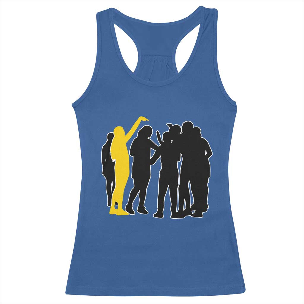 Viral Basketball Pointing Huddle Racerback Tank Top Funny Women Sports Culture Meme Yellow Silhouette Graphic