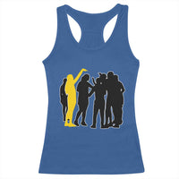 Viral Basketball Pointing Huddle Racerback Tank Top Funny Women Sports Culture Meme Yellow Silhouette Graphic