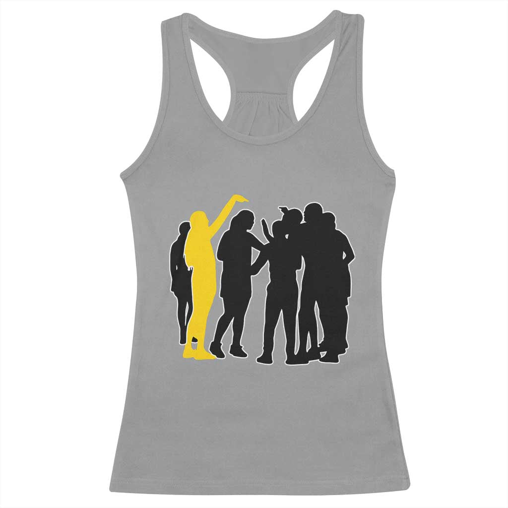 Viral Basketball Pointing Huddle Racerback Tank Top Funny Women Sports Culture Meme Yellow Silhouette Graphic