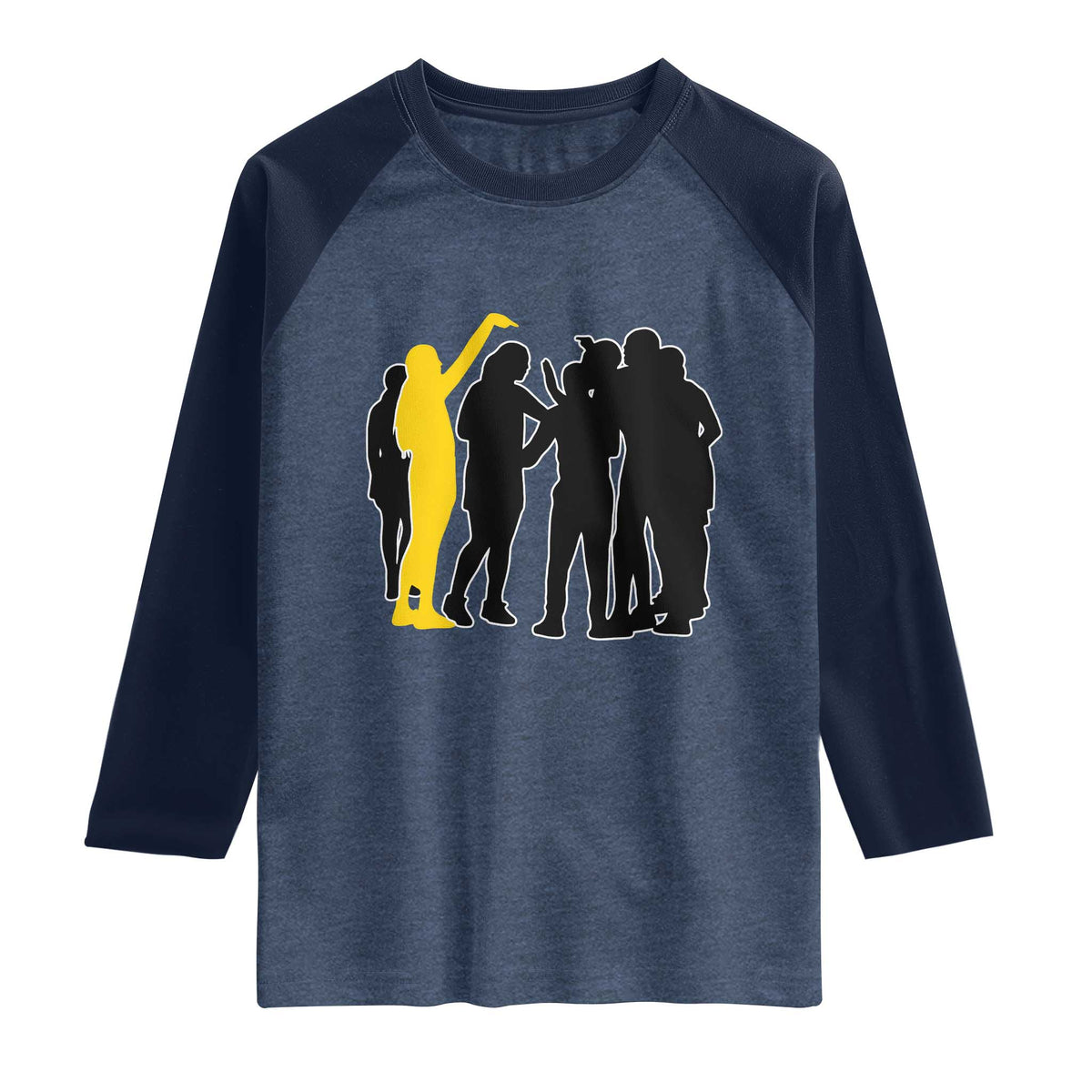 Viral Basketball Pointing Huddle Raglan Shirt Funny Women Sports Culture Meme Yellow Silhouette Graphic