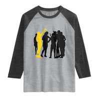 Viral Basketball Pointing Huddle Raglan Shirt Funny Women Sports Culture Meme Yellow Silhouette Graphic