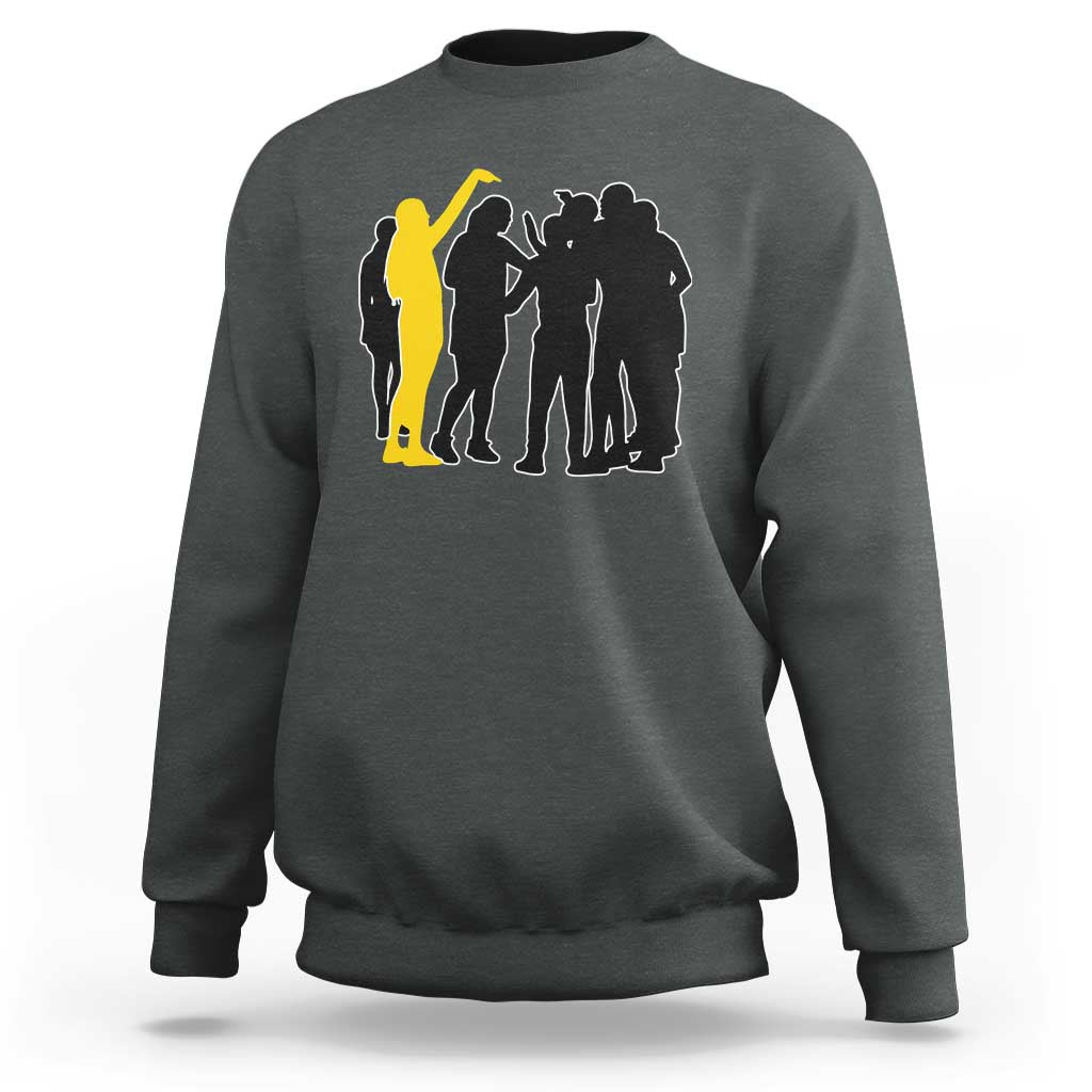 Viral Basketball Pointing Huddle Sweatshirt Funny Women Sports Culture Meme Yellow Silhouette Graphic