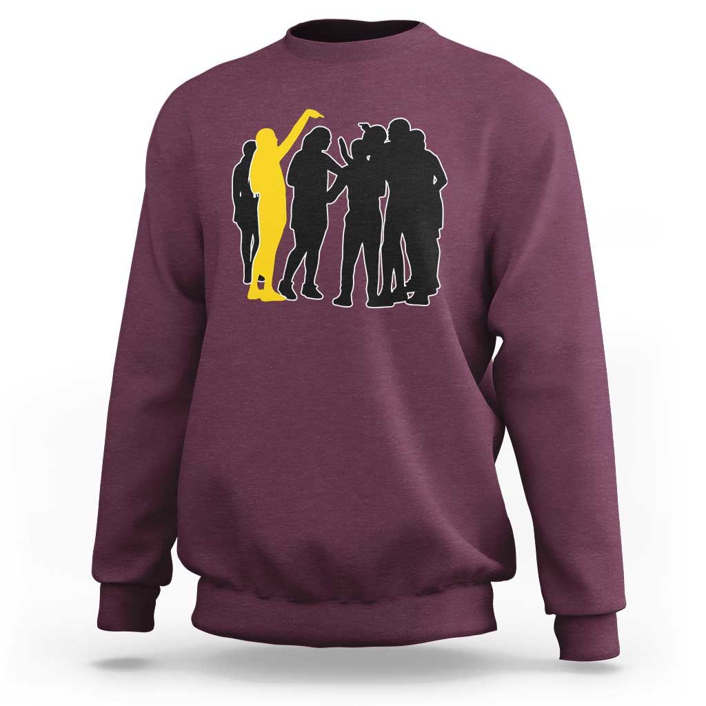 Viral Basketball Pointing Huddle Sweatshirt Funny Women Sports Culture Meme Yellow Silhouette Graphic