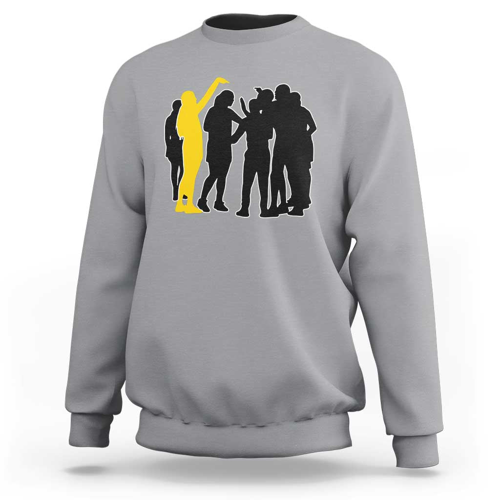 Viral Basketball Pointing Huddle Sweatshirt Funny Women Sports Culture Meme Yellow Silhouette Graphic