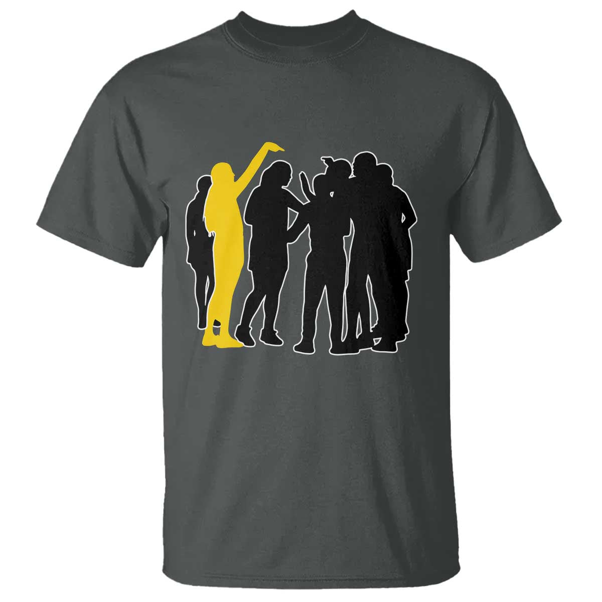 Viral Basketball Pointing Huddle T Shirt Funny Women Sports Culture Meme Yellow Silhouette Graphic