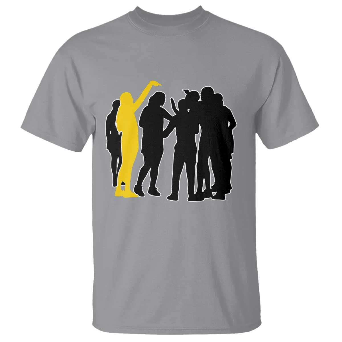 Viral Basketball Pointing Huddle T Shirt Funny Women Sports Culture Meme Yellow Silhouette Graphic