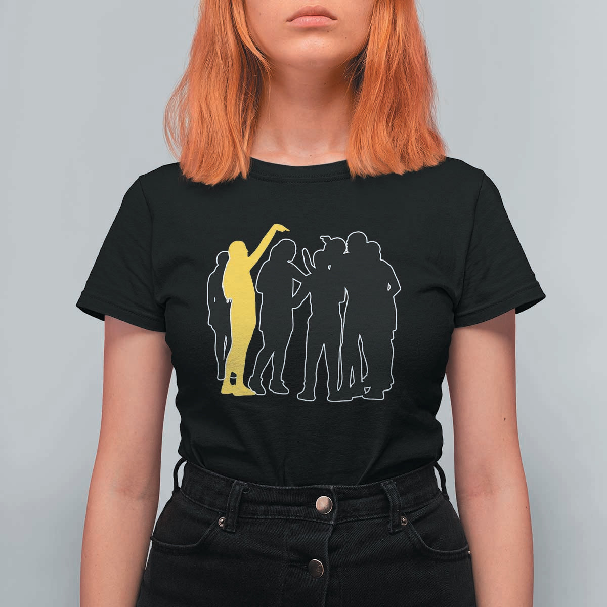 Viral Basketball Pointing Huddle T Shirt For Women Funny Women Sports Culture Meme Yellow Silhouette Graphic
