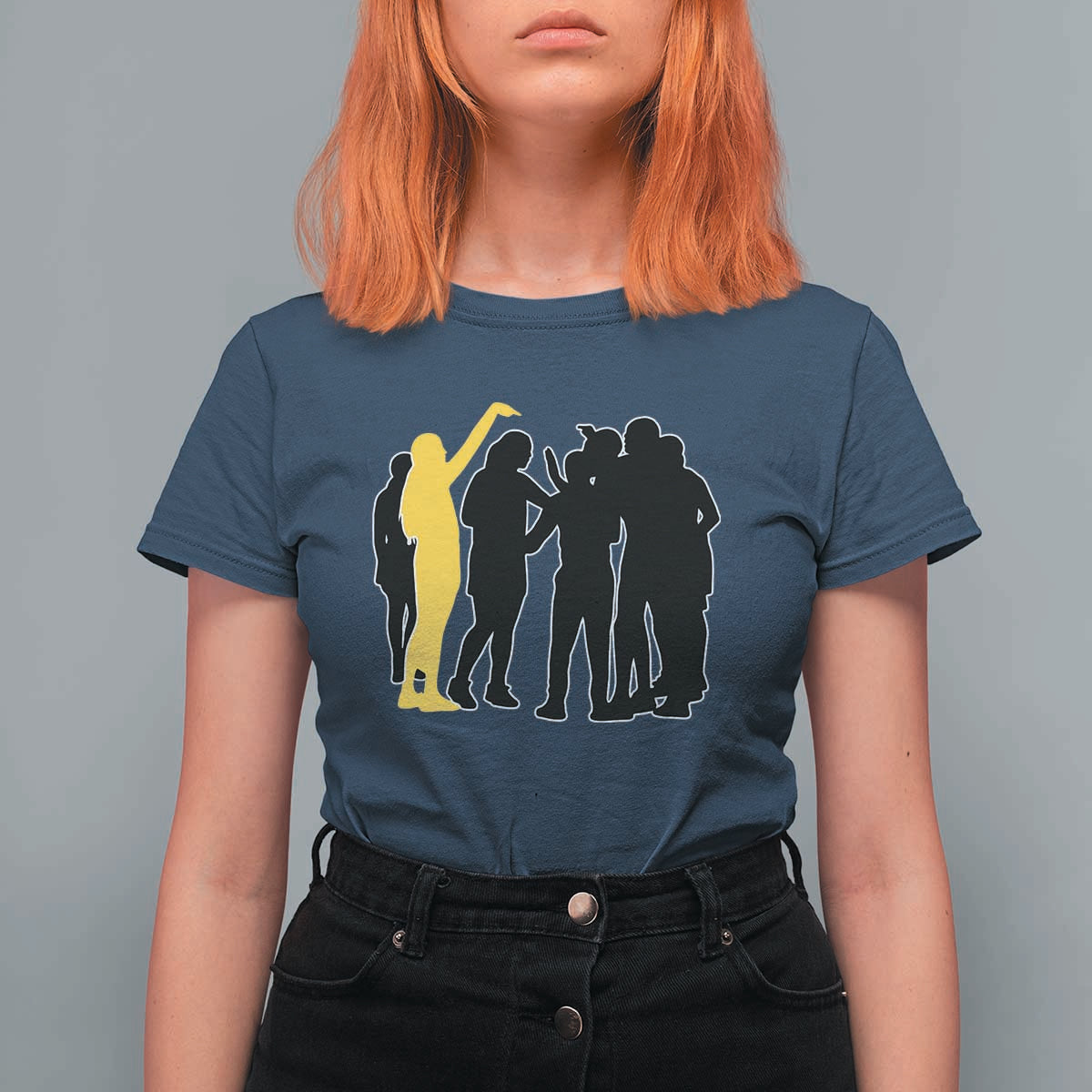 Viral Basketball Pointing Huddle T Shirt For Women Funny Women Sports Culture Meme Yellow Silhouette Graphic