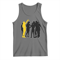 Viral Basketball Pointing Huddle Tank Top Funny Women Sports Culture Meme Yellow Silhouette Graphic