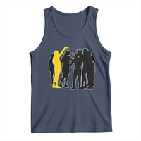 Viral Basketball Pointing Huddle Tank Top Funny Women Sports Culture Meme Yellow Silhouette Graphic